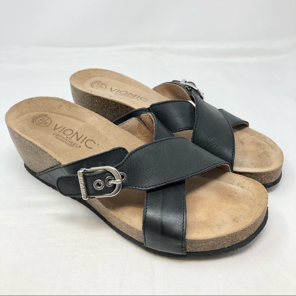 Vionic Black Leather Mallorca Slide Wedge Sandals